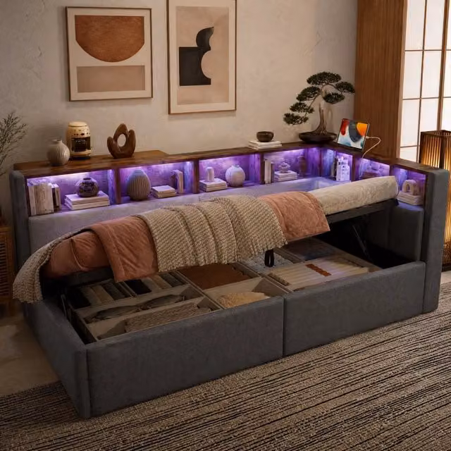 Letto singolo REDOM in tessuto grigio con illuminazione sottostante, porte USB, mensola e contenitore a sollevamento, L/P: 90 x 200 cm