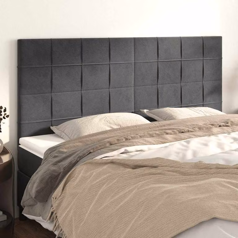 Testiera per letto vidaXL in velluto grigio scuro con struttura in legno e MDF, L: 200 cm, H: 118/128 cm, P: 5 cm