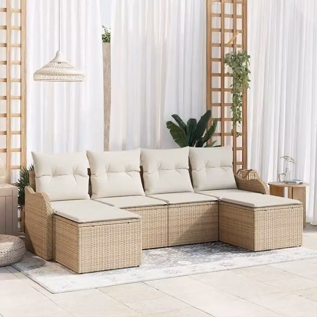 Set Divano da Giardino a L vidaXL in Polyrattan Beige con 6 Pezzi e Cuscini Inclusi