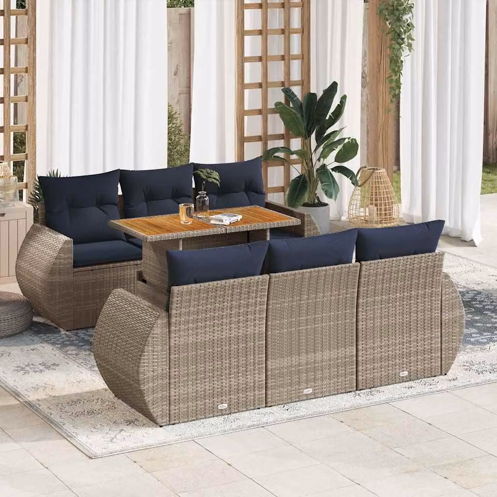 Set di divani da giardino vidaXL 7 pezzi in polyrattan con cuscini grigi e tavolo da esterno in legno di acacia