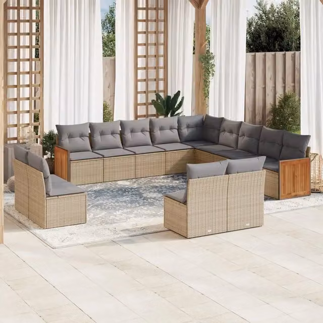 Set Divano da Giardino VIDAXL a Forma a U in Polyrattan con Cuscini Beige e Grigio, 13 Pezzi