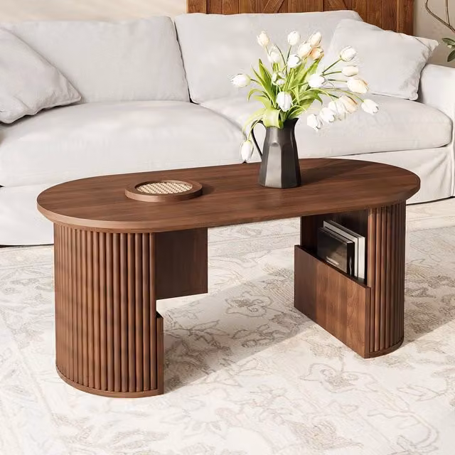 Tavolino da caffè moderno stile Minimal con piano ovale effetto noce, L: 105 cm, P: 50 cm, H: 46,5 cm
