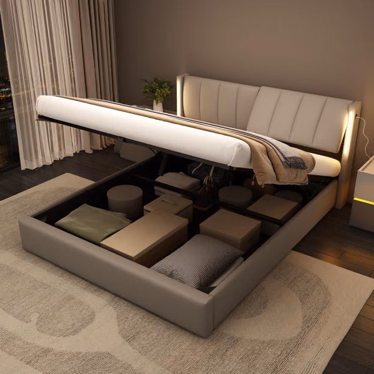 Letto imbottito Flieks 140x190cm con USB, letto contenitore letto matrimoniale con rete a doghe e testata regolabile, letto a molle con LED, PU, grigio