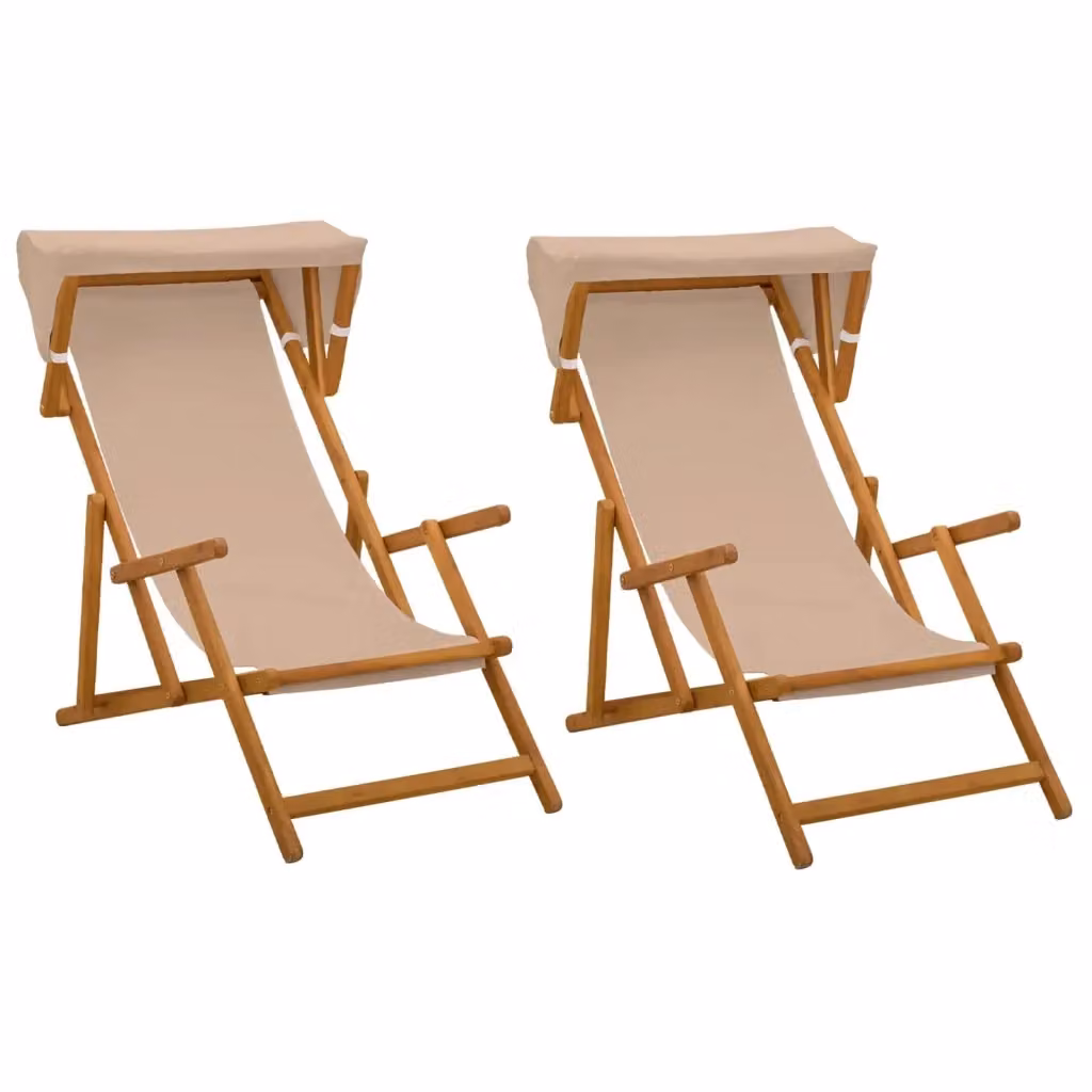 Set di 2 lettini prendisole vidaXL in legno di eucalipto oliato con tessuto beige resistente ai raggi UV e poggiatesta regolabile – 2