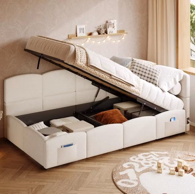 Letto contenitore 90x200 cm in bouclé beige con USB, rete e tasche laterali
