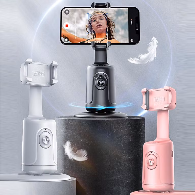 Gimbal da tavolo con tracciamento intelligente del volto a 360°, stabilizzatore per selfie, cameraman robotizzato con obiettivo regolabile e supporto stabile per smartphone