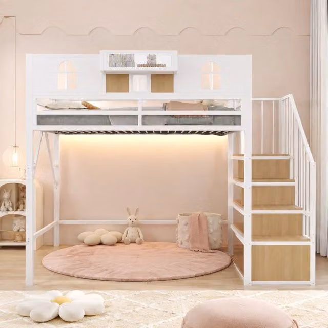 Letto a soppalco 90x200 cm in metallo bianco con scala contenitore e luce LED