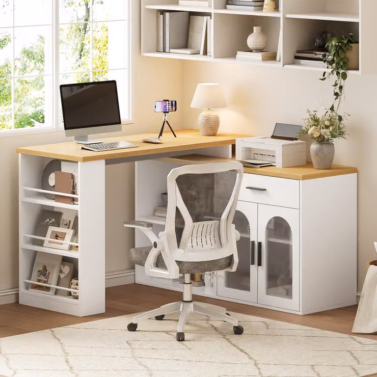 Isola da cucina okwish con cassetti e vani portaoggetti laterali, bancone da bar con piano girevole a 360°, design a forma di L, ideale per piccoli appartamenti, colore bianco
