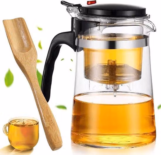 Teiera con colino e bicchiere da tè 500 ml - teiera trasparente per tè sfuso con cucchiaino - accessori per tè e caffè kungfu