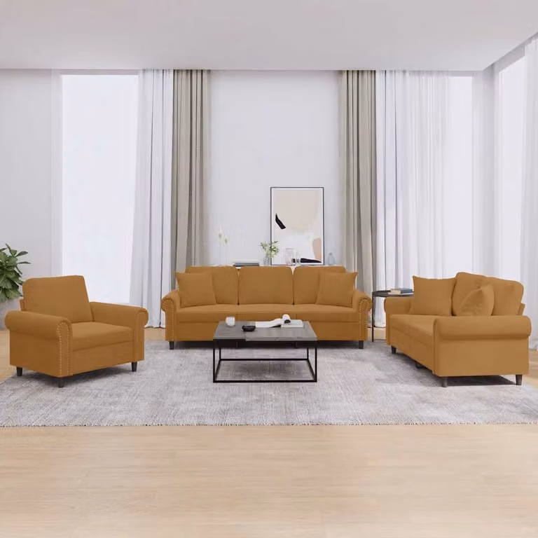 Set di divani vidaXL da 3 pezzi in velluto marrone con cuscini, design moderno per soggiorno