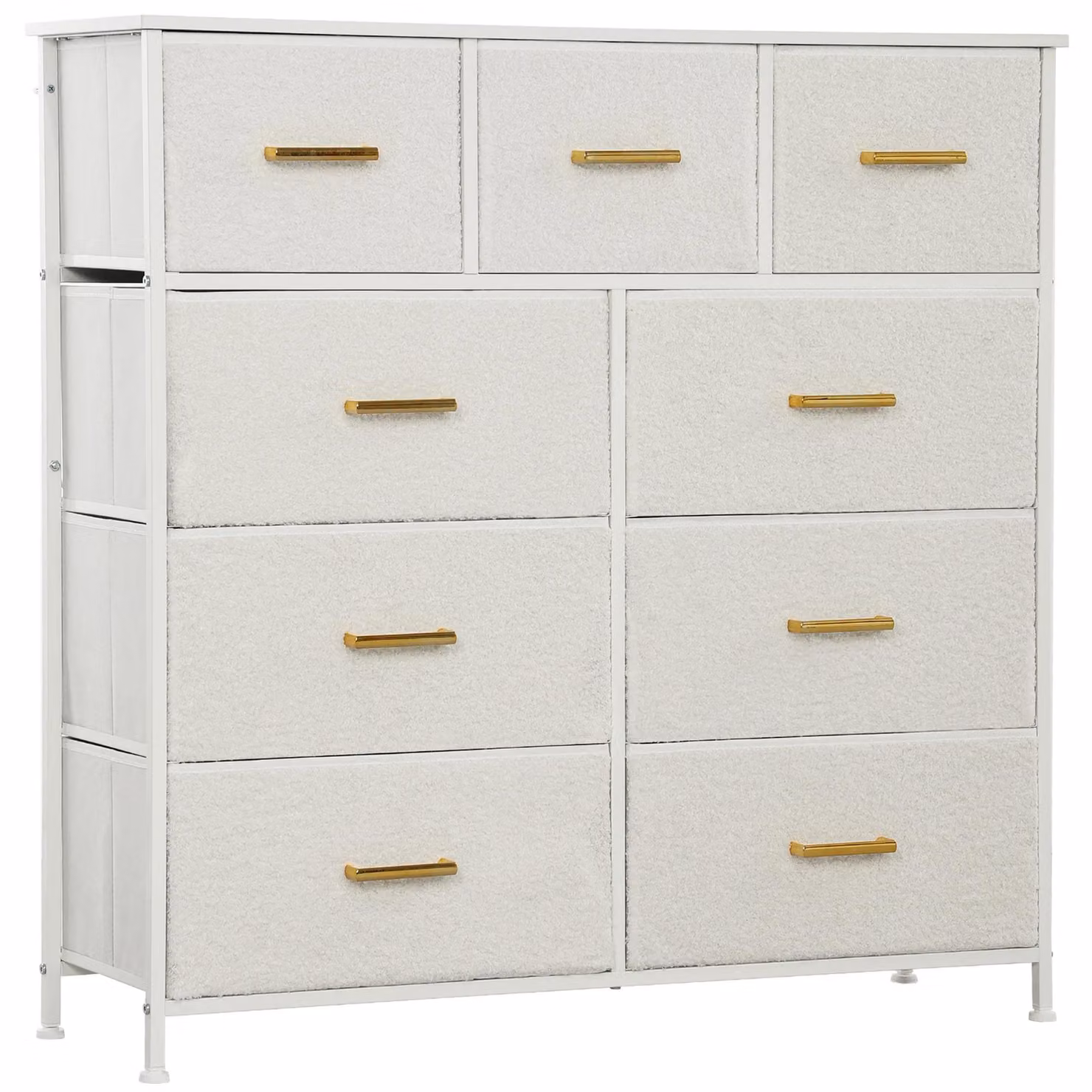 Comodino – Credenza con 9 cassetti rivestiti in tessuto – Struttura in metallo – Piano di lavoro – Maniglie – Bianco crema