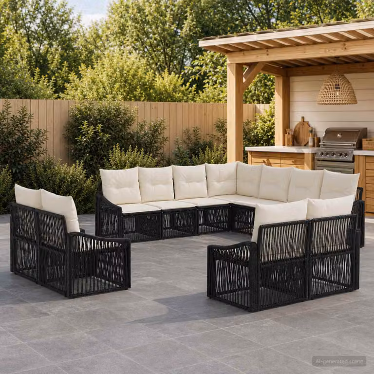 Set Divano da Giardino vidaXL a forma a U in Polyrattan Nero con Cuscini e Struttura in Acciaio