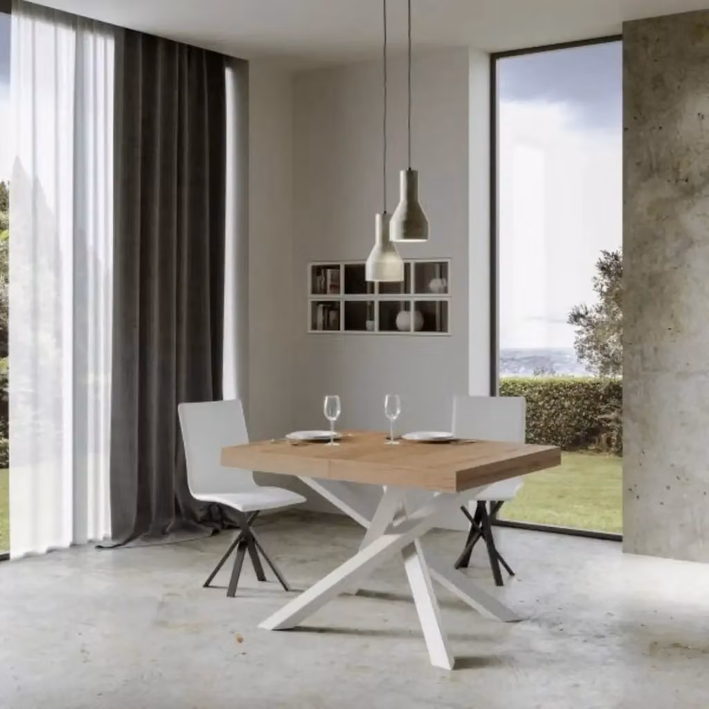 Tavolo allungabile Itamoby Volantis moderno in legno e metallo, colore quercia e gambe bianche, L: 120/380 cm x P: 90 cm – 2