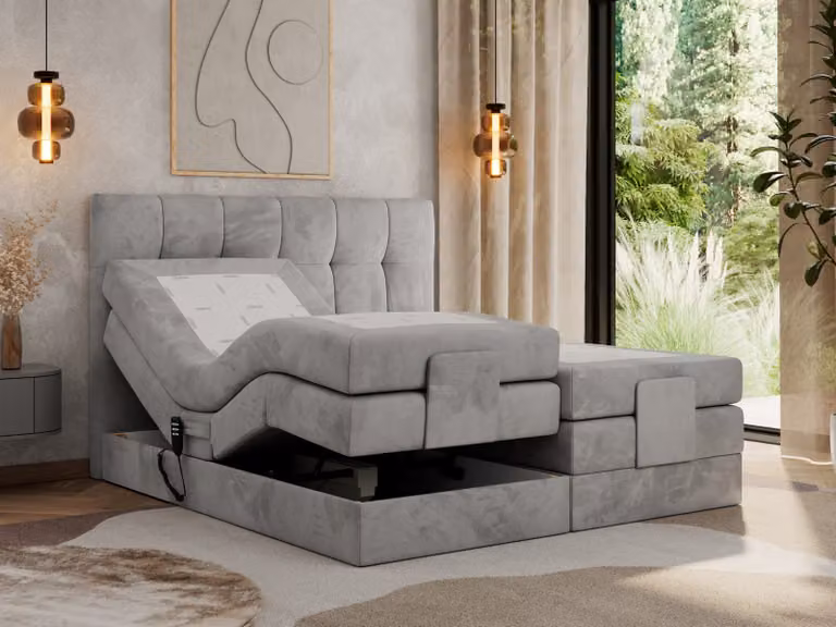 Letto a molle insacchettate MKS MEBLE 160 x 200 cm regolabile elettricamente Materasso a molle insacchettate a 7 zone con topper Letto 160 x 200 cm con motore Letto imbottito Letto motorizzato - Vittoria - Velluto grigio chiaro - H4