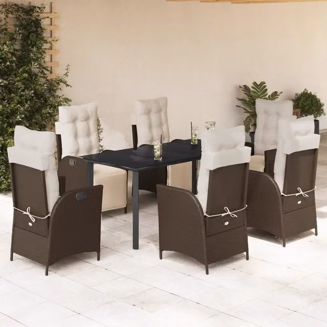 Set da Pranzo da Giardino 7 Pezzi vidaXL in Polyrattan Marrone con Piano in Vetro e Cuscini – 1