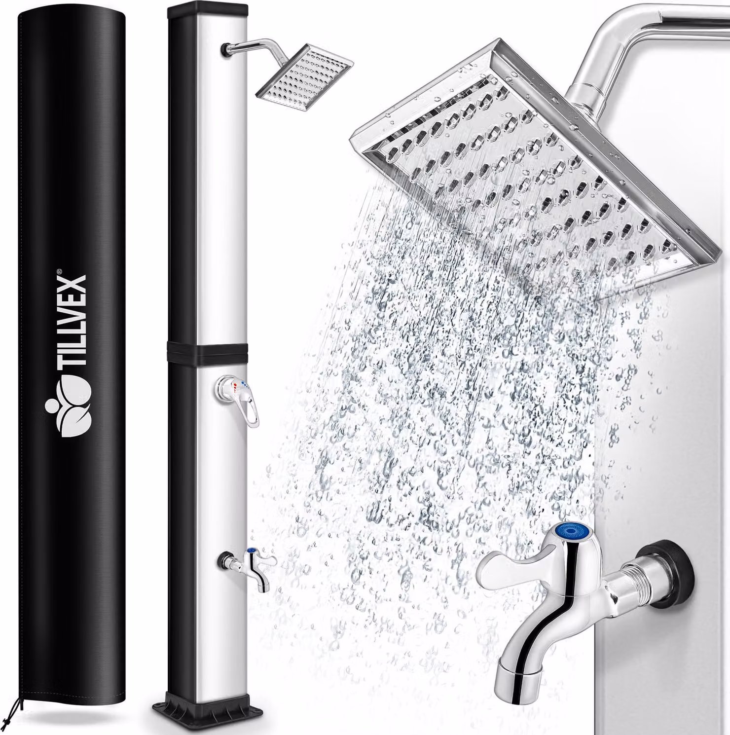 tillvex doccia solare 40L nero/argento inclusa copertura protettiva doccia da giardino doccia da piscina doccia da campeggio doccia solare da esterno doccia a pioggia