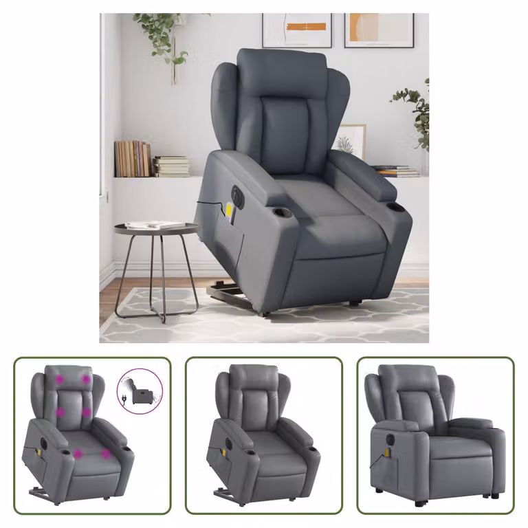 The Living Store Sedia massaggiante con supporto in piedi elettrica in ecopelle grigia