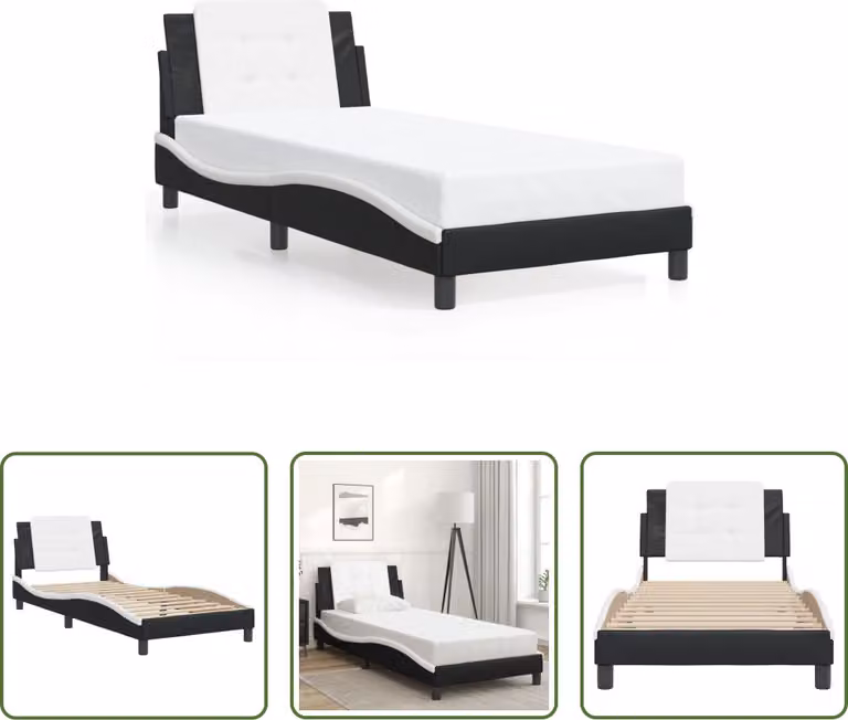The Living Store Giroletto con testiera bianco e nero 90x190 cm in ecopelle