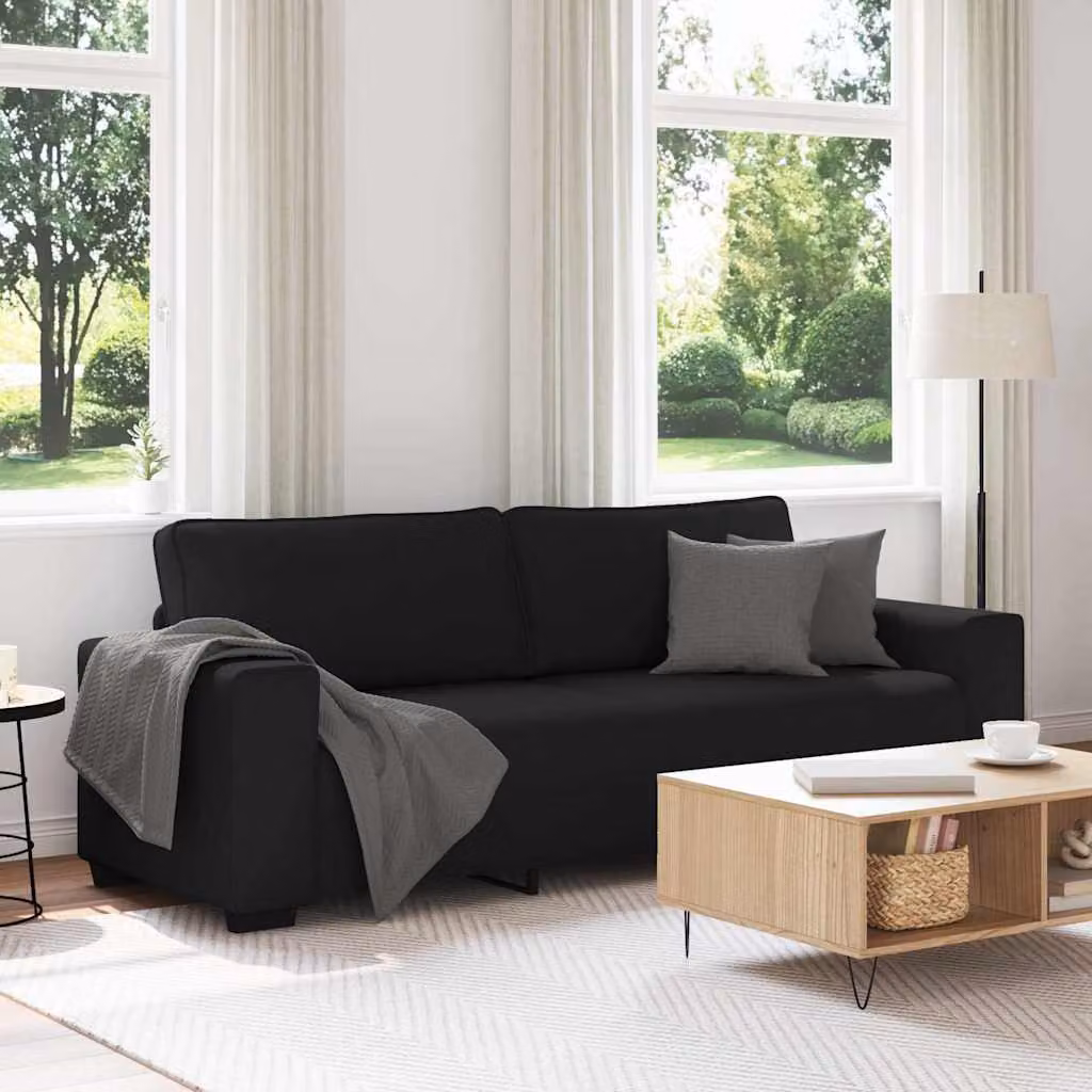 vidaXL Divano a 3 Posti Moderno in Tessuto Nero L: 220 cm, P: 77 cm, H: 82 cm