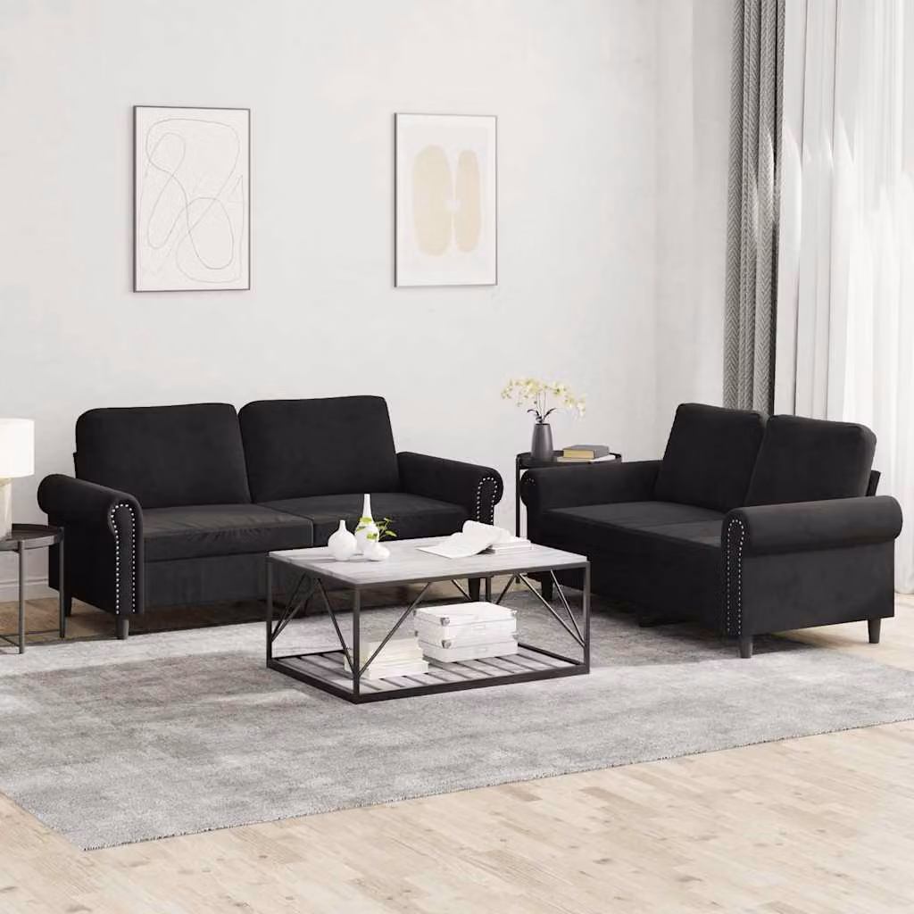 Set di 2 Divani Moderni vidaXL in Velluto Nero con Cuscini – 1