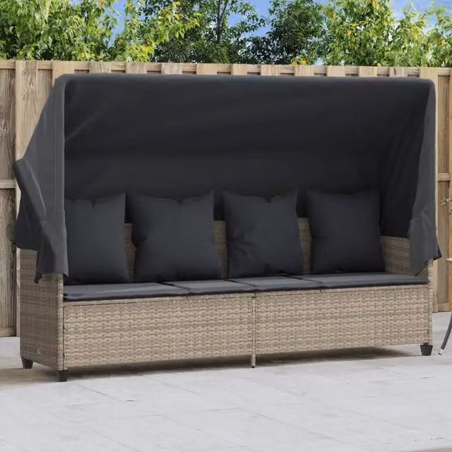 Lettino con Baldacchino e Cuscini Grigio Chiaro in Polyrattan 368358