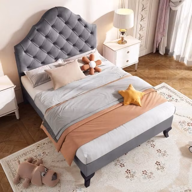 Letto singolo imbottito ULEVR 90x200 cm in velluto grigio con testiera capitonn¨¦ regolabile e rete a doghe