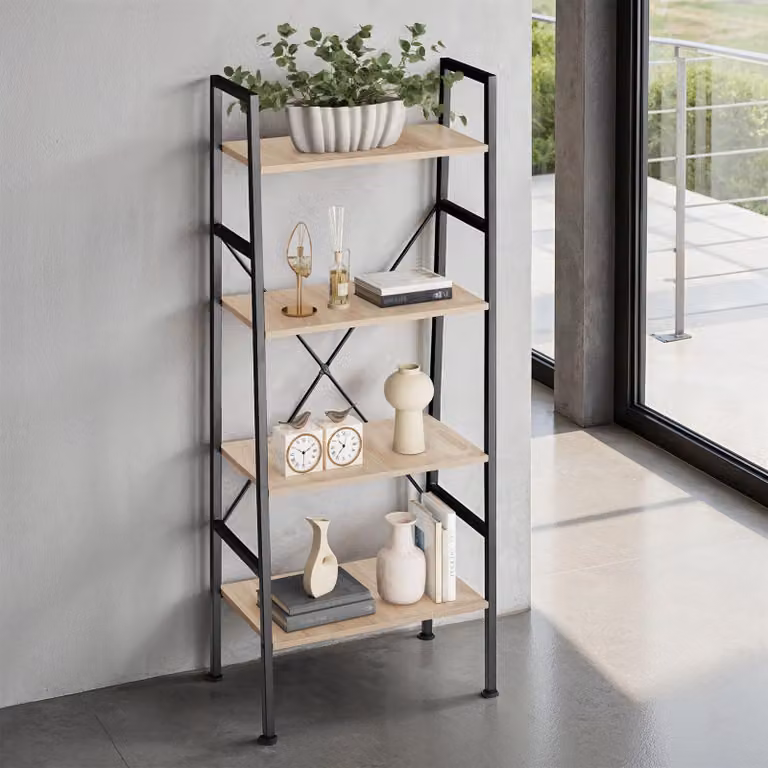 Scaffale a scala Newcastle Tectake in stile industriale, legno rovere Sonoma e metallo, marrone, L: 35.5 cm, P: 15.0 cm, H: 139.0 cm