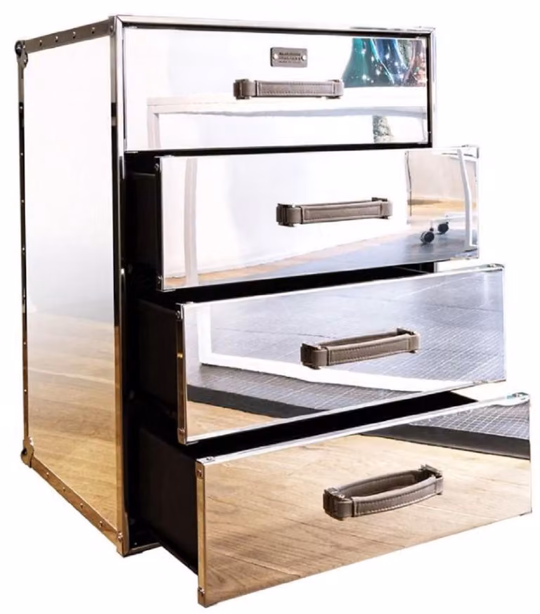 Casa Padrino cassettiera con design a valigia argento 52 x 43 x h. 75 cm - Cassettiera in alluminio specchiato realizzata a mano con 4 cassetti e rotelle - Mobili per soggiorno e ufficio