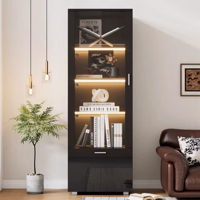 Vetrina nera lucida con porta in acrilico e illuminazione LED, 3 ripiani, per oggetti da collezione, profumi e libri