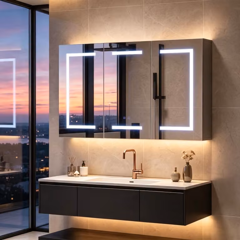 INONEFT Mobiletti da bagno con specchio, illuminazione e presa di corrente - Mobiletto per il bagno con specchio a 3 vie, LED touch, dimensioni 100,4 x 60 x 13,5 cm