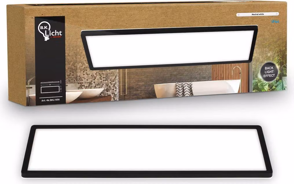 B.K.Licht Pannello LED piatto 58x20cm squadrato 22W 3000lm 4000K bianco neutro protezione dagli spruzzi d'acqua nero - Lampada da soffitto bagno cucina soggiorno