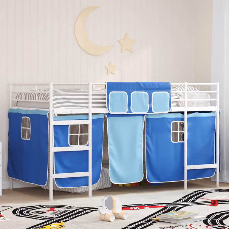 Letto a castello singolo vidaXL per bambini con struttura in metallo e tende, Bianco e Blu, L/P/H: 200 x 90 x 151 cm