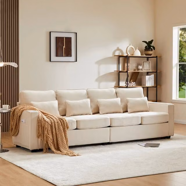 Divano Mivray moderno in tessuto beige per soggiorno con cuscini inclusi