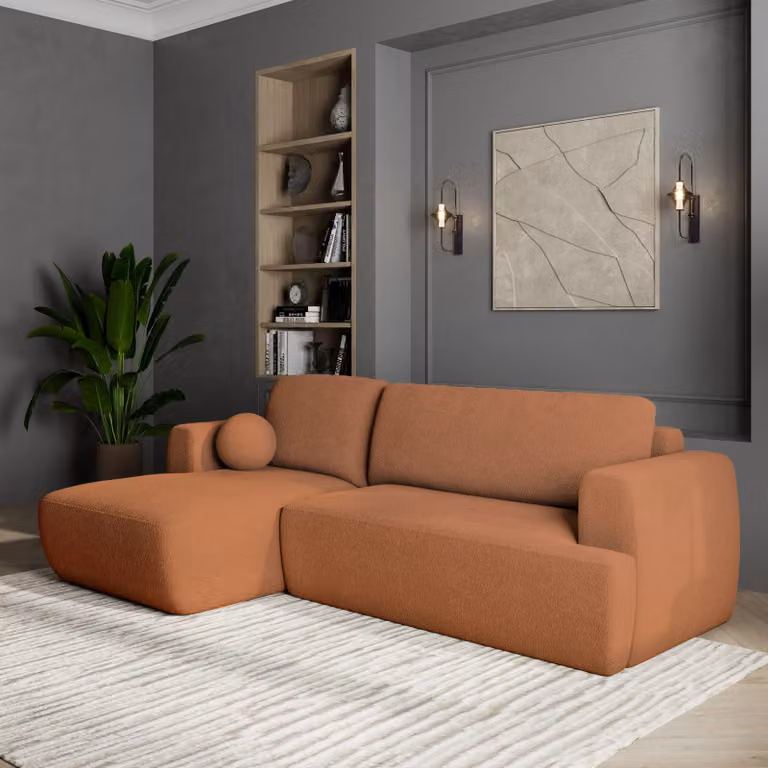 Divano angolare SENTI N L-S di Masseno con funzione letto a L, divano con box letto, divano da soggiorno, divano, divano letto, set di divani - arancione, ORA O MAI PIÙ 54