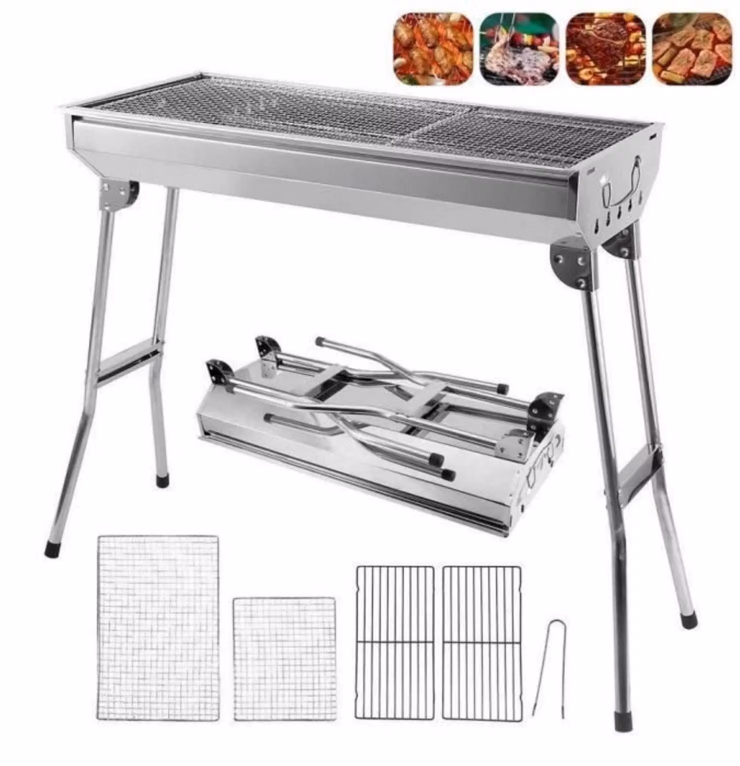 Griglia per barbecue a carbone - Griglia pieghevole per uso esterno - Acciaio inossidabile - Portatile, ideale per giardino, campeggio, picnic e viaggi - Argento