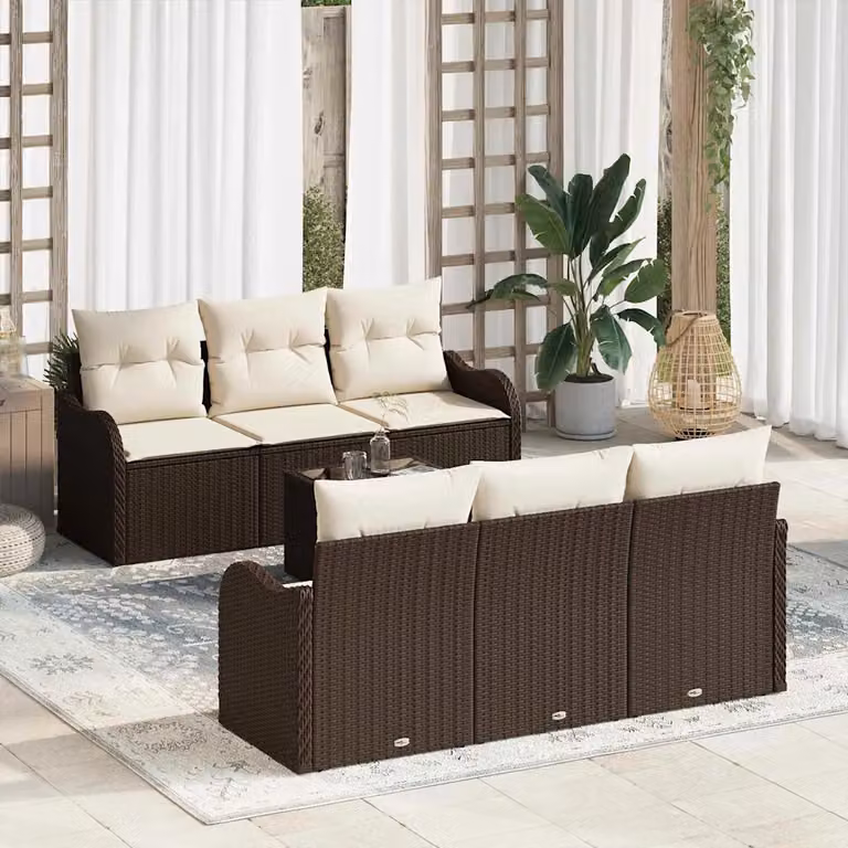 Set Divano da Giardino vidaXL 7 Pezzi con Tavolino da Caffè Marrone e Beige