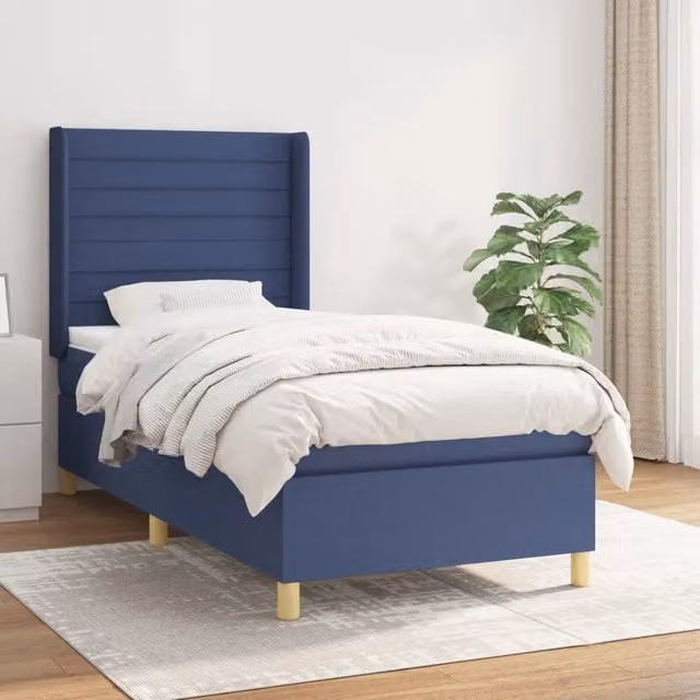 Letto Ibrido vidaXL con Giroletto a Molle e Materasso in Tessuto Blu e Bianco L/P/H: 90 x 190 x 4 cm