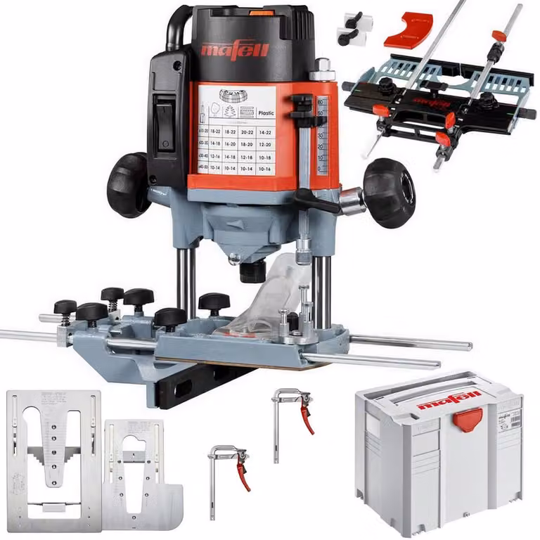 Mafell: fresatrice LO65Ec MaxiMAX, adattatore per fresa, set di maschere di fresatura, morsetti a leva