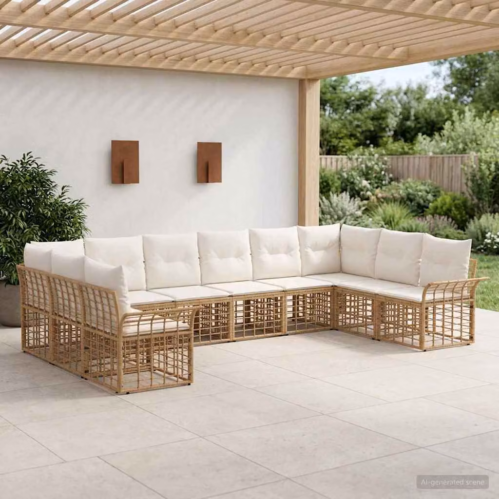 vidaXL Set di divani da esterno a forma di U composto da 10 pezzi, Colore Beige, Bianco e Marrone, con struttura in metallo e cuscini inclusi