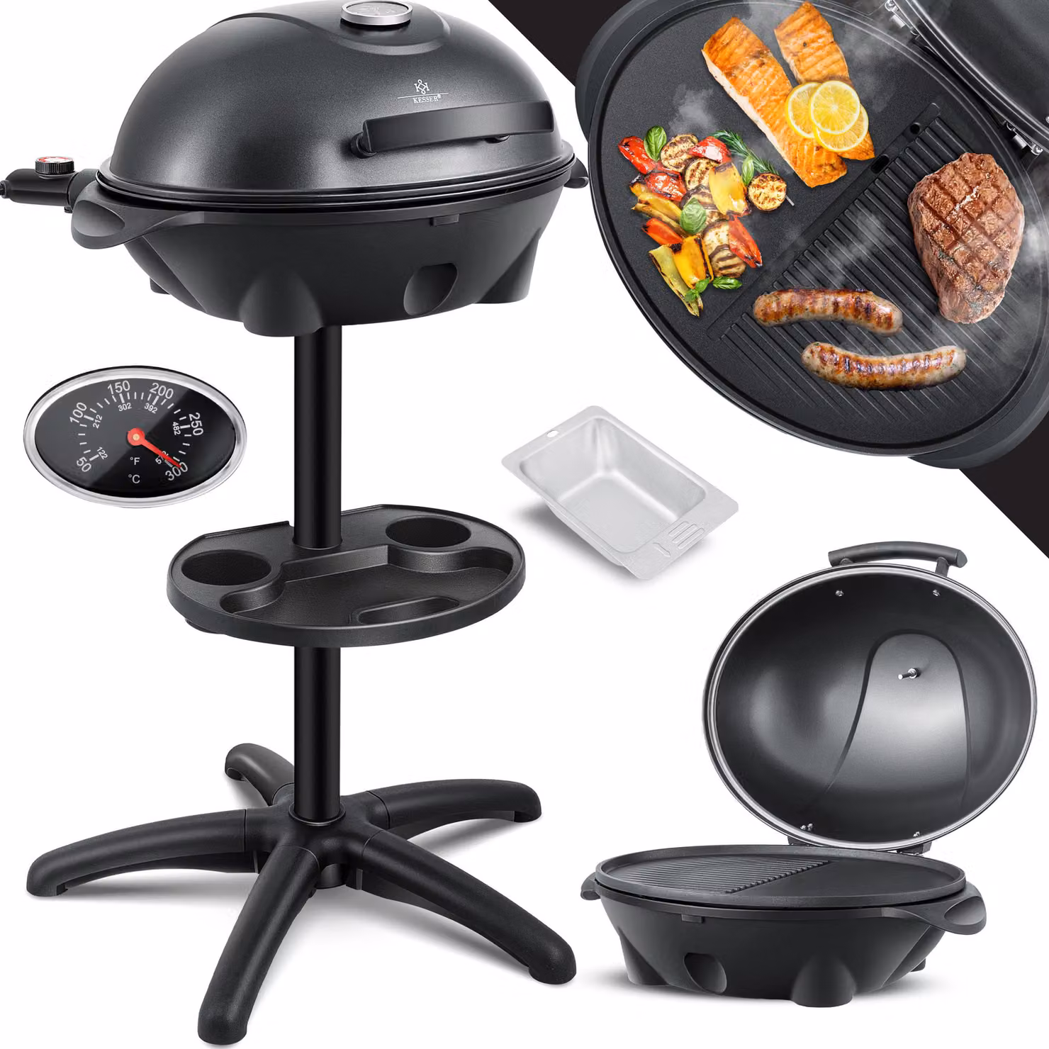 KESSER® Griglia elettrica 2in1, da tavolo/da terra, con coperchio, potenza massima 2400W, rivestimento antiaderente, piastra XXL