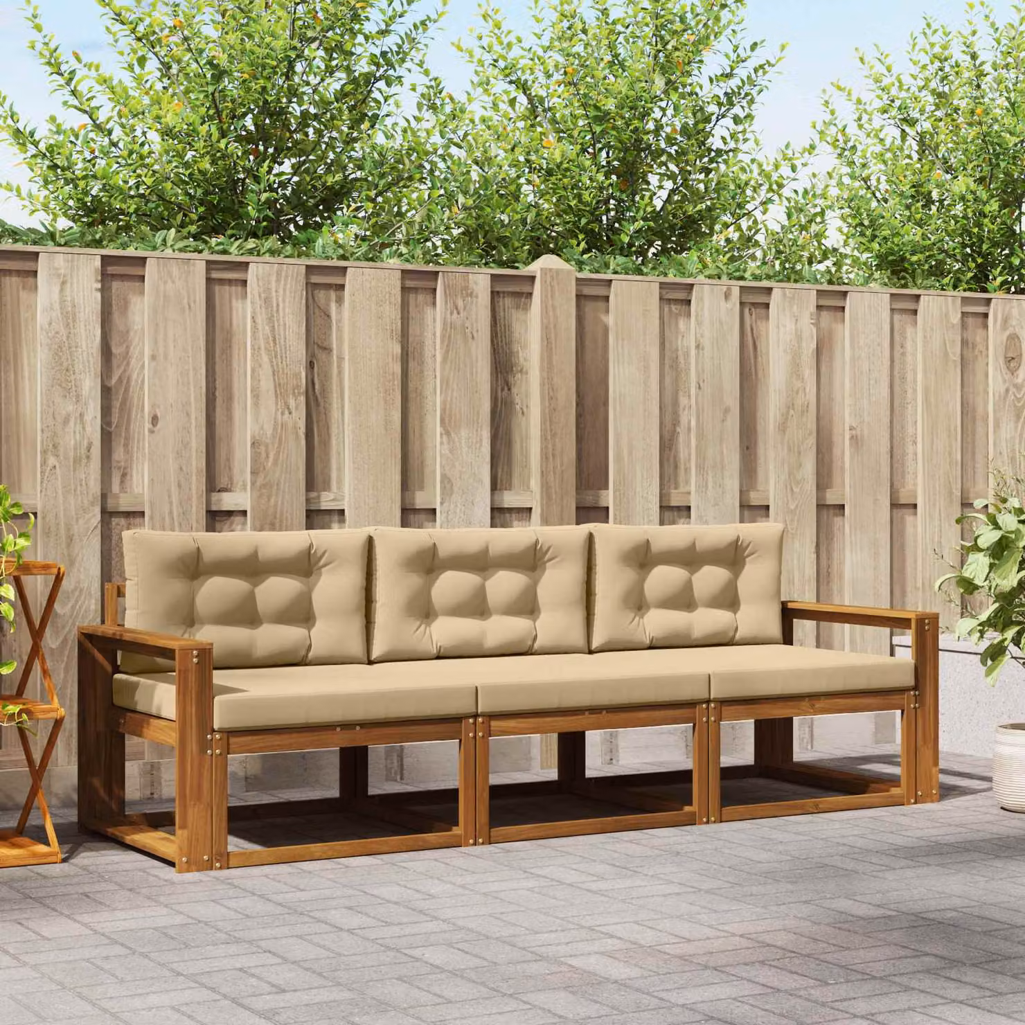 Set di divani da esterno vidaXL in legno di acacia con cuscini, 3 pezzi, Beige e Marrone