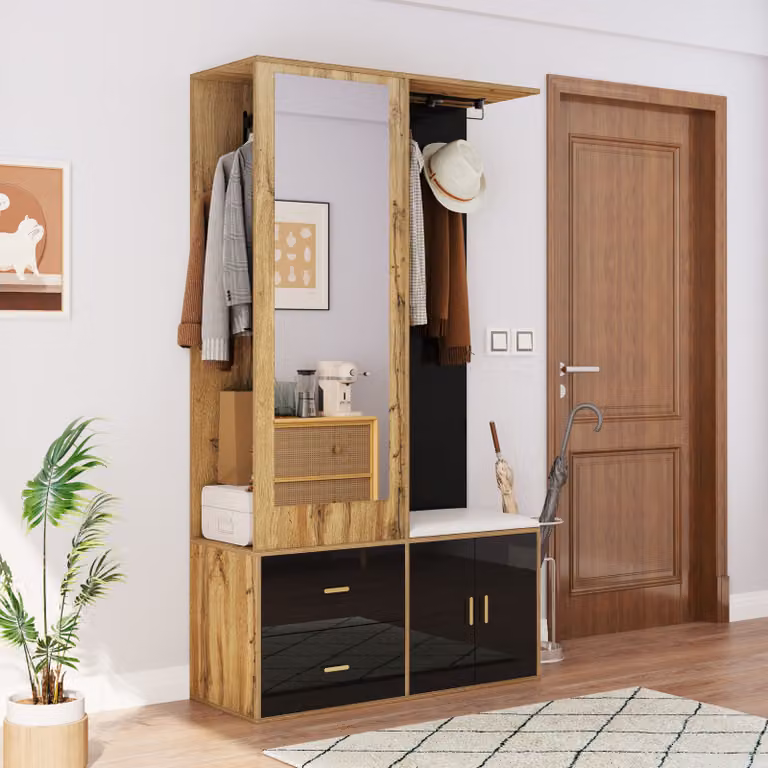 okwish Armadio, mobile contenitore, mobile da cucina, mobile alto con cassetti, mobile multifunzionale con specchio e scarpiera, nero e legno