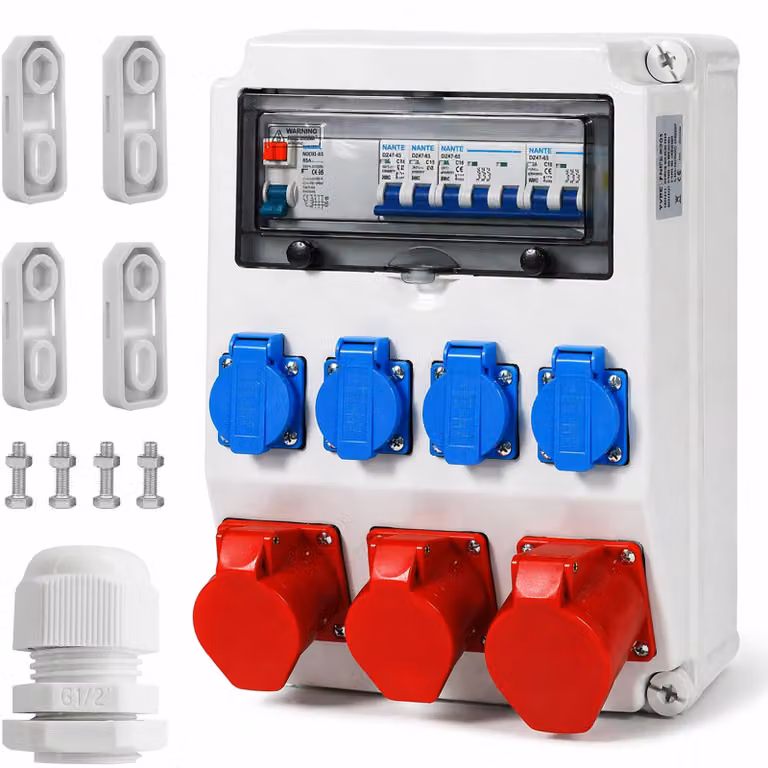 Distributore di corrente con 4 prese Schuko a 230 V - 2 prese CEE da 16 A + 1 presa CEE da 32 A