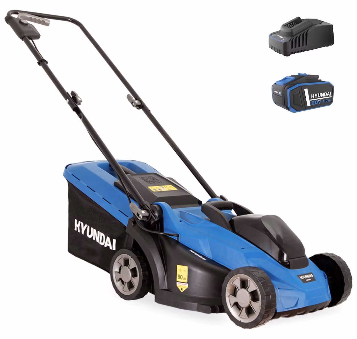 Tosaerba a batteria HYUNDAI 20V Brushless – Larghezza di taglio 33 cm, con batteria da 4,0 Ah e caricabatterie inclusi – Cesto da 35 L, regolazione centrale dell'altezza, leggero, compatto e senza fili