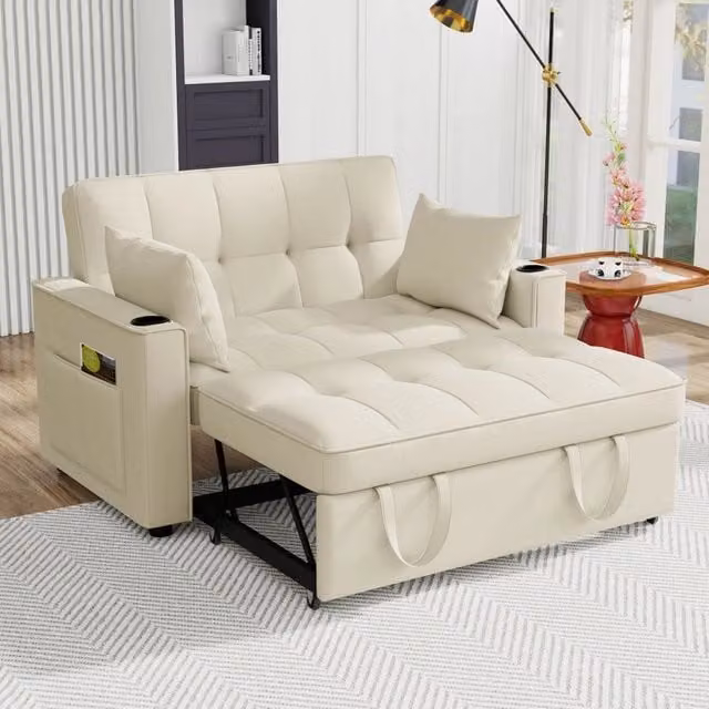 Divano letto convertibile 2 posti 137 x 76;5 x 83 cm; divano multifunzione con portabicchieri e cuscini; per soggiorno e camera da letto; beige