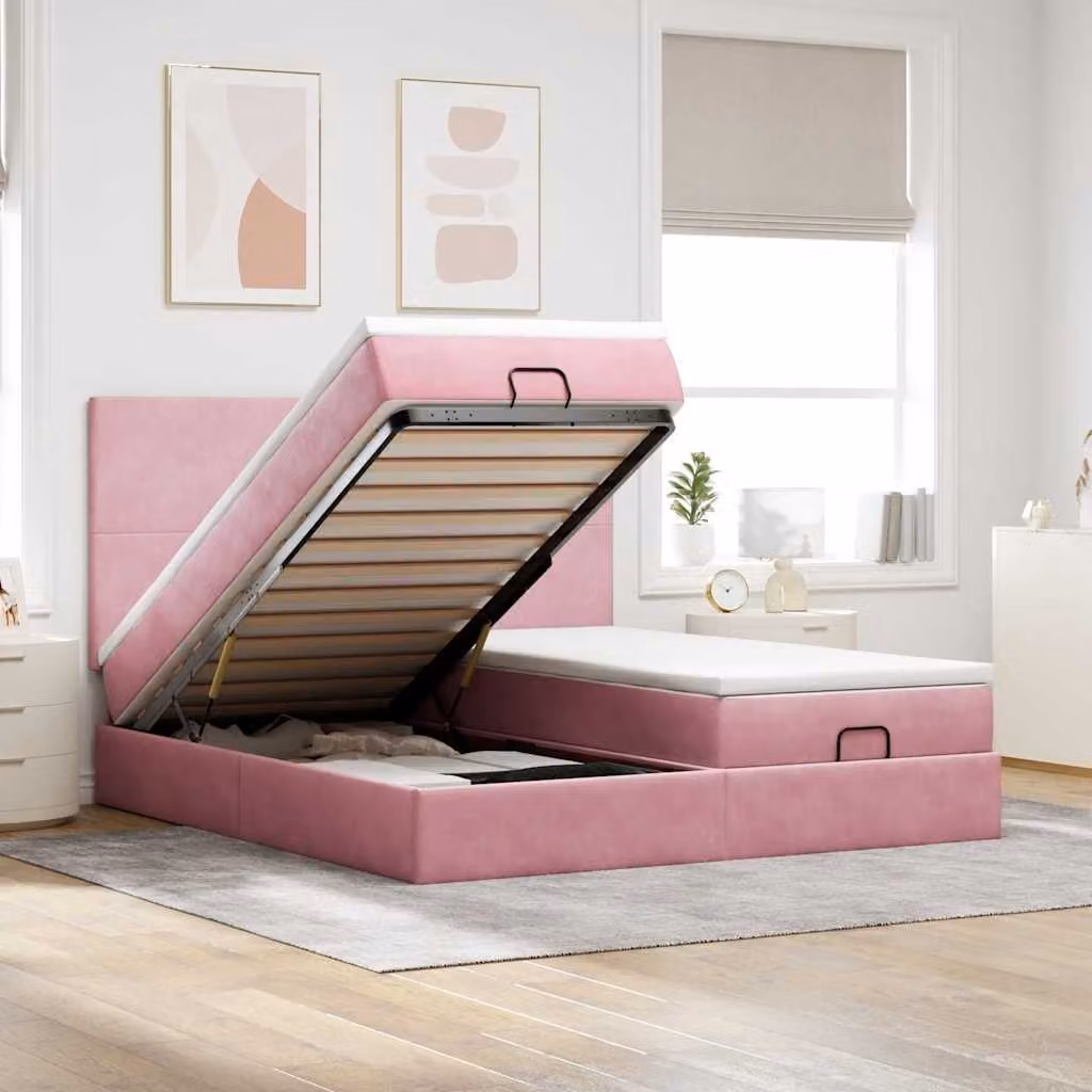 Letto matrimoniale con contenitore e pouf vidaXL in velluto rosa e bianco, dotato di base a sollevamento, illuminazione sottostante e porte di ricarica USB, L/P/H: 200 x 200 x 128 cm