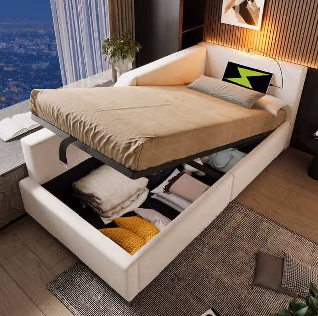Letto singolo 90x190 cm con contenitore idraulico; USB-C e luce da lettura; velluto beige