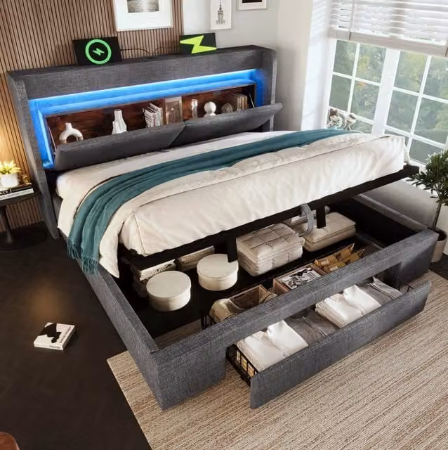 Letto imbottito ULEVR 160x200 cm con contenitore idraulico, LED, USB e USB-C, testiera in lino grigio, materasso incluso