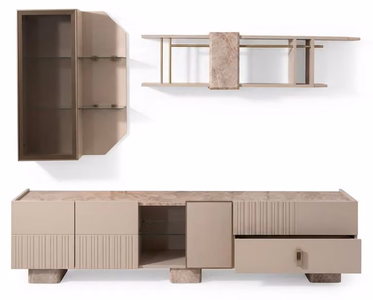 Televisore beige, mobile TV, scaffale, set di design, set per soggiorno