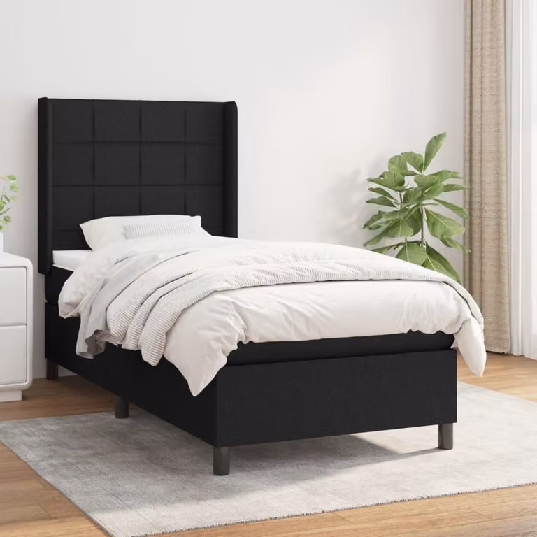 The Living Store Letto a molle con materasso nero 90x200 cm in tessuto